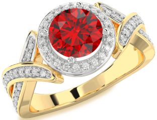 Diamond Ruby White Yellow Gold Halo Round Solitaire Pave Engagement Ring