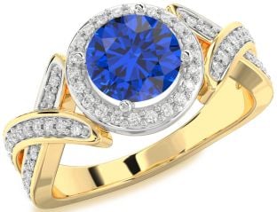 Diamond Blue Sapphire White Yellow Gold Halo Round Pave Engagement Ring