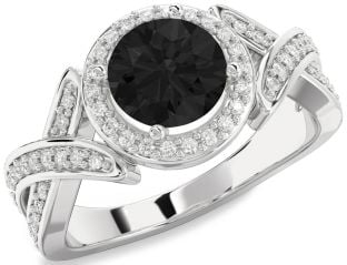 Black Diamond Silver Halo Round Pave Engagement Ring