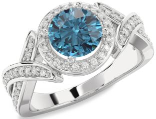 Blue Diamond Silver Halo Round Pave Engagement Ring