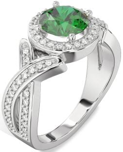Diamond Emerald White Gold Halo Round Pave Engagement Ring