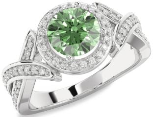 Green Diamond Silver Halo Round Pave Engagement Ring