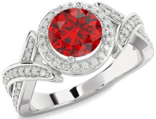 Diamond Ruby Platinum Halo Round Solitaire Pave Engagement Ring
