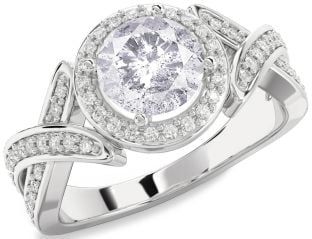 Salt & Pepper Diamond Silver Halo Round Pave Engagement Ring