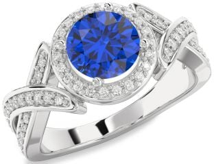 Diamond Blue Sapphire Platinum Halo Round Pave Engagement Ring