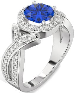 Diamond Blue Sapphire Platinum Halo Round Pave Engagement Ring