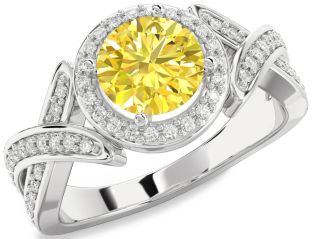 Yellow Diamond Silver Halo Round Pave Engagement Ring