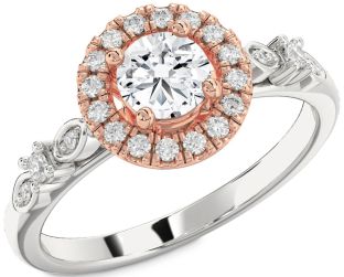 Diamond Silver & 10K Rose Gold Halo Round Solitaire Engagement Ring