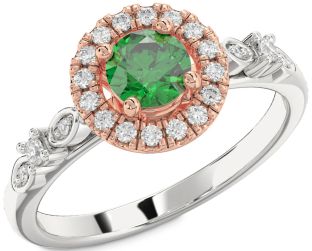 Diamond Emerald Silver & 10K Rose Gold Halo Round Solitaire Engagement Ring