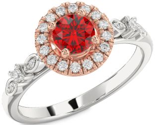Diamond Ruby Silver & 10K Rose Gold Halo Round Solitaire Engagement Ring