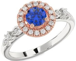 Diamond Blue Sapphire Platinum & Rose Gold Halo Round Engagement Ring