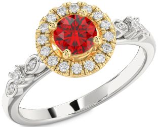 Diamond Ruby Silver & 10K gold Halo Round Solitaire Engagement Ring