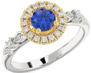 Diamond Blue Sapphire Platinum & Yellow Gold Halo Round Engagement Ring