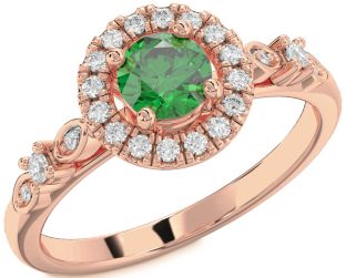 Diamond Emerald Rose Gold Halo Round Solitaire Engagement Ring