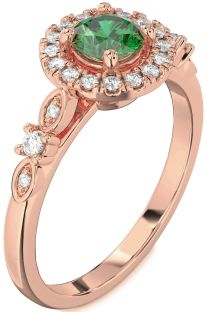 Diamond Emerald Rose Gold Halo Round Engagement Ring