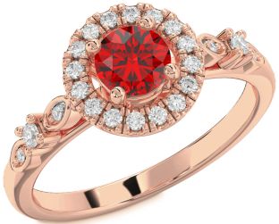 Diamond Ruby Rose Gold Halo Round Solitaire Engagement Ring