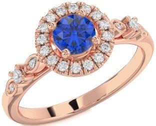 Diamond Blue Sapphire Rose Gold Halo Round Engagement Ring