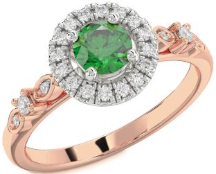 Diamond Emerald White Rose Gold Halo Round Solitaire Engagement Ring