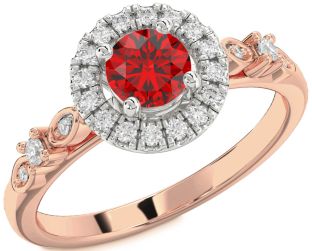 Diamond Ruby White Rose Gold Halo Round Solitaire Engagement Ring
