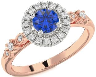 Diamond Blue Sapphire Platinum & Rose Gold Halo Round Engagement Ring