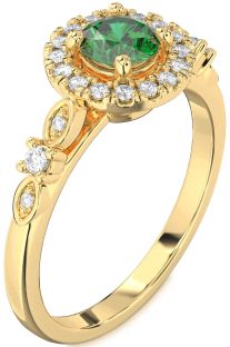 Diamond Emerald Gold Halo Round Engagement Ring