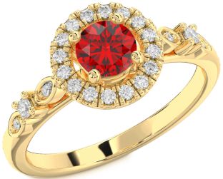 Diamond Ruby Gold Halo Round Solitaire Engagement Ring