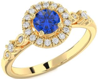 Diamond Blue Sapphire Gold Halo Round Engagement Ring