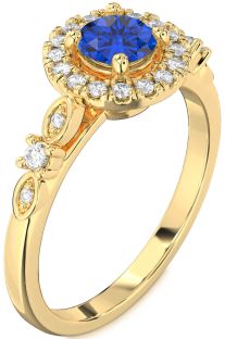 Diamond Blue Sapphire Gold Halo Round Engagement Ring