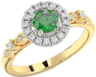 Diamond Emerald White Yellow Gold Halo Round Solitaire Engagement Ring