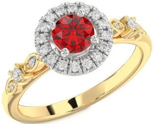 Diamond Ruby White Yellow Gold Halo Round Solitaire Engagement Ring