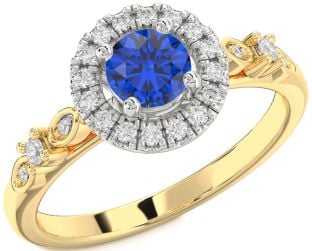 Diamond Blue Sapphire Platinum & Yellow Gold Halo Round Engagement Ring