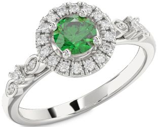 Diamond Emerald Platinum Halo Round Solitaire Engagement Ring