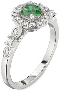 Diamond Emerald White Gold Halo Round Engagement Ring