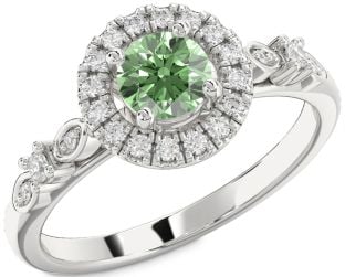 Green Diamond Silver Halo Round Engagement Ring