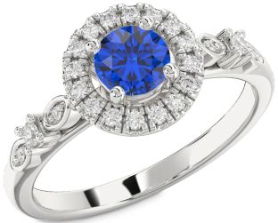 Diamond Blue Sapphire Platinum Halo Round Engagement Ring