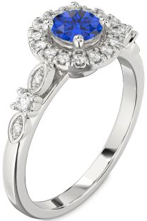 Diamond Blue Sapphire Platinum Halo Round Engagement Ring