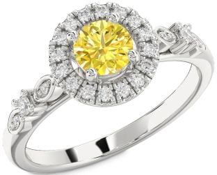 Yellow Diamond Silver Halo Round Engagement Ring