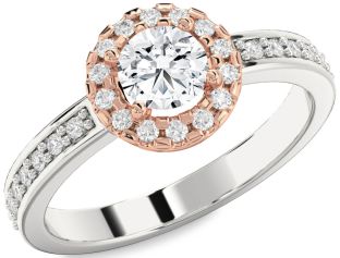 Diamond Silver & 10K Rose Gold Halo Round Solitaire Pave Engagement Ring