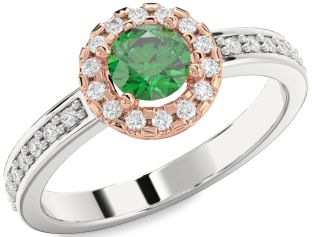 Diamond Emerald Silver & 10K Rose Gold Halo Round Solitaire Pave Engagement Ring