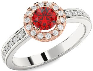 Diamond Ruby Silver & 10K Rose Gold Halo Round Solitaire Pave Engagement Ring