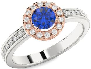 Diamond Blue Sapphire Rose Gold Silver Halo Round Pave Engagement Ring