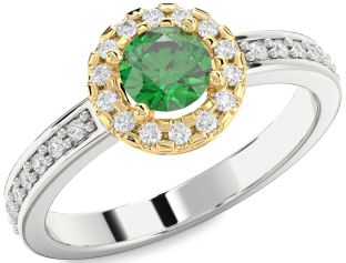 Diamond Emerald Silver & 10K gold Halo Round Solitaire Pave Engagement Ring