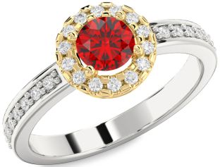 Diamond Ruby White Yellow Gold Halo Round Solitaire Pave Engagement Ring