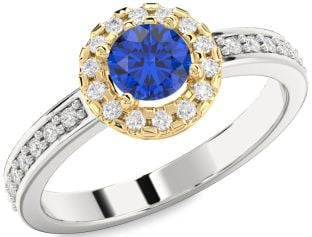 Diamond Blue Sapphire Gold Silver Halo Round Pave Engagement Ring