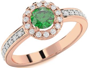 Diamond Emerald Rose Gold Halo Round Solitaire Pave Engagement Ring