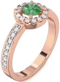 Diamond Emerald Rose Gold Halo Round Pave Engagement Ring