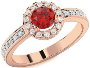 Diamond Ruby Rose Gold Halo Round Solitaire Pave Engagement Ring