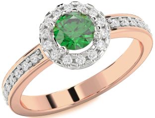 Diamond Emerald White Rose Gold Halo Round Solitaire Pave Engagement Ring