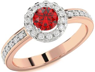 Diamond Ruby White Rose Gold Halo Round Solitaire Pave Engagement Ring