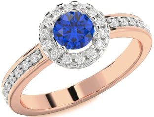 Diamond Blue Sapphire Rose Gold Silver Halo Round Pave Engagement Ring